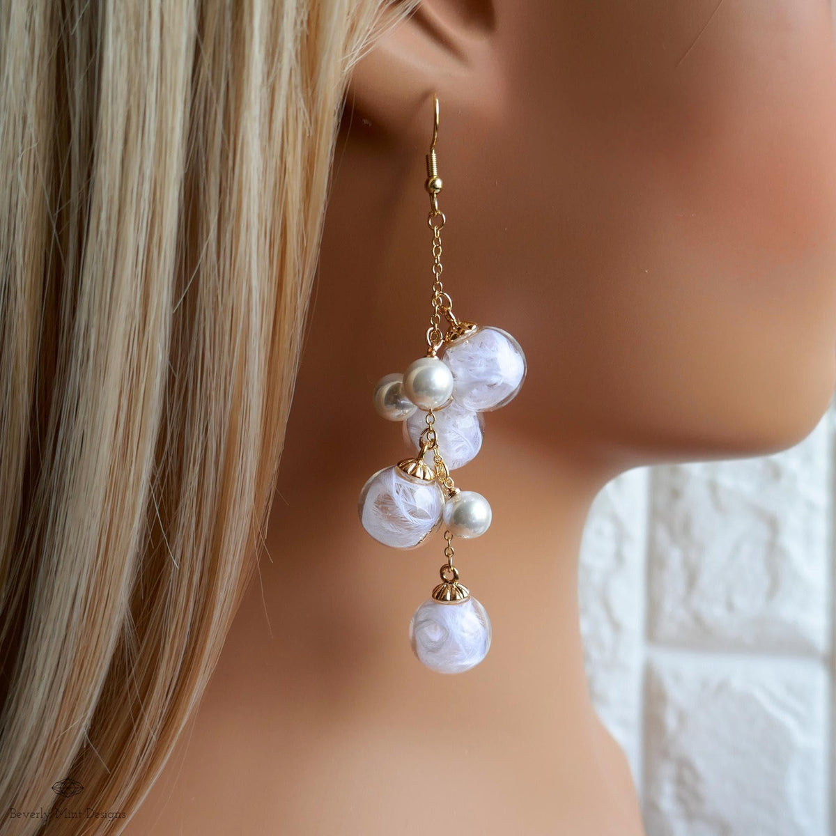 Bubble Earrings Dangle Glass Beaded Earrings with Pearls Gold Chain Lightweight Fairycore Bridal Jewelry, Sensitive Ear & Clip-On Options