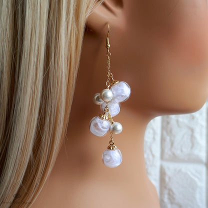 Bubble Earrings Dangle Glass Beaded Earrings with Pearls Gold Chain Lightweight Fairycore Bridal Jewelry, Sensitive Ear & Clip-On Options