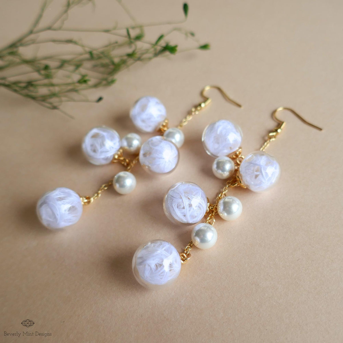 Bubble Earrings Dangle Glass Beaded Earrings with Pearls Gold Chain Lightweight Fairycore Bridal Jewelry, Sensitive Ear & Clip-On Options