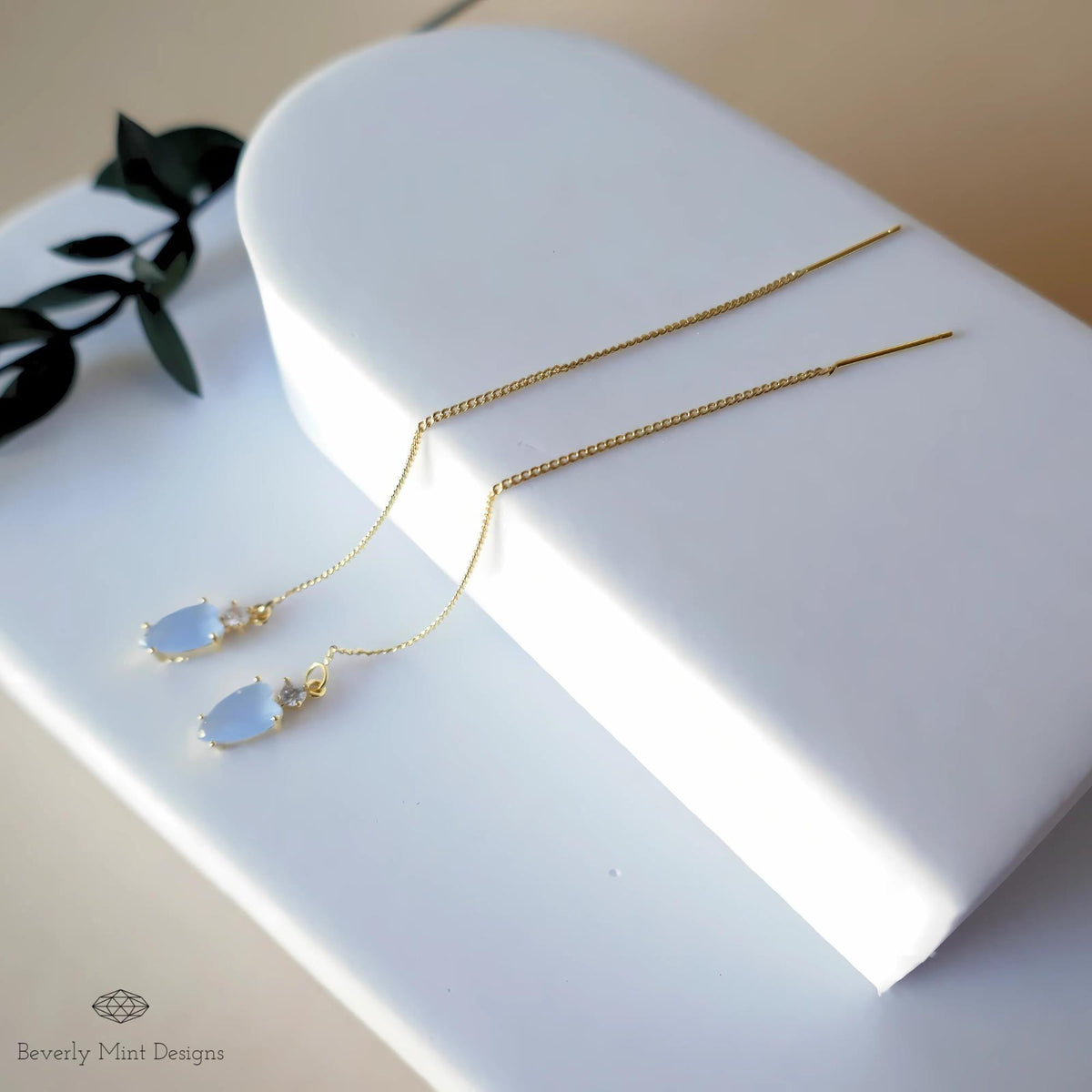 Blue Stone Earrings, Pale Blue Gold Threader Earrings, Small Light Blue Earrings with leafy charm, Sensitive Ear & Clip-On Options