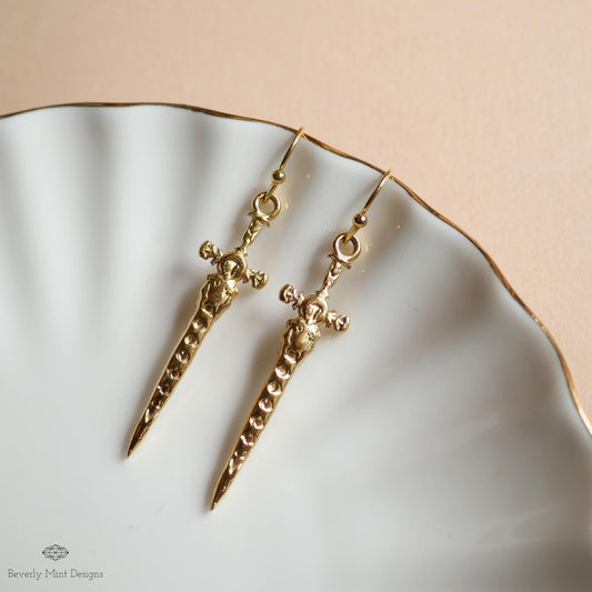 Gold Sword Earrings, Gothic Dagger Jewelry, Medieval Fantasy Earrings, Statement Drop Earrings, Sensitive Ear & Clip-On Options