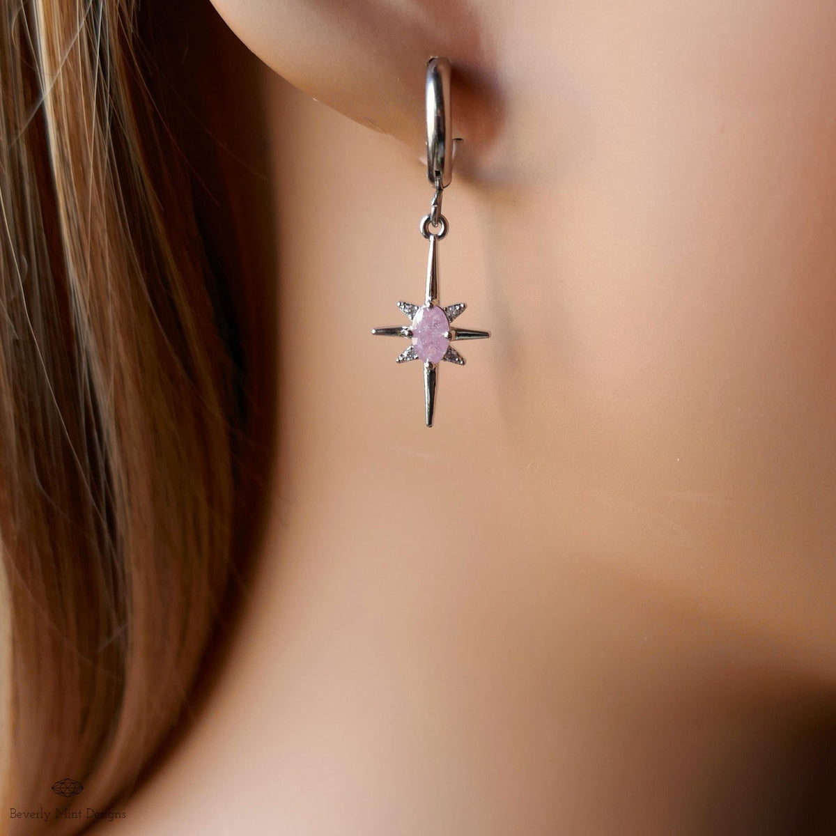 Pink Stone Starburst Small Hoop Earrings, Celestial Drop Earrings,  Silver Star Earrings, , Space Inspired Earrings