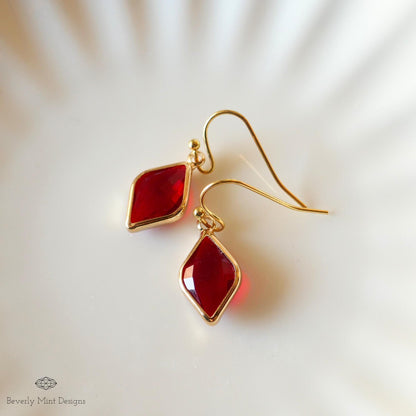 Ruby Red Earrings, Red Stone Drop Earrings, Red Diamond Shaped Earrings, Elegant Faceted Dangle Earrings, Sensitive Ear & Clip-On Options