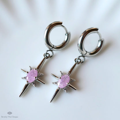 Pink Stone Starburst Small Hoop Earrings, Celestial Drop Earrings,  Silver Star Earrings, , Space Inspired Earrings