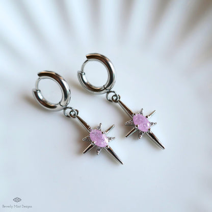 Pink Stone Starburst Small Hoop Earrings, Celestial Drop Earrings,  Silver Star Earrings, , Space Inspired Earrings