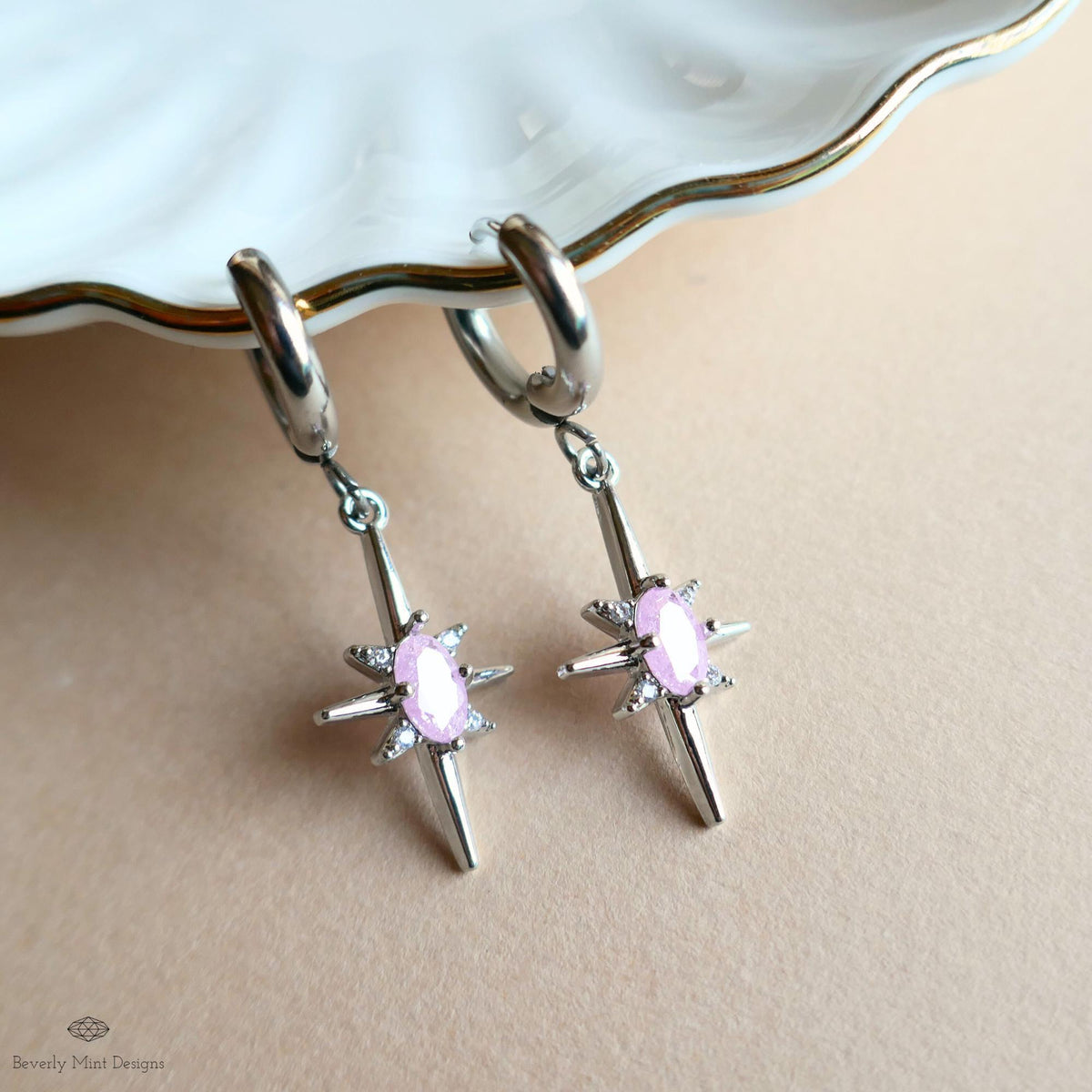 Pink Stone Starburst Small Hoop Earrings, Celestial Drop Earrings,  Silver Star Earrings, , Space Inspired Earrings