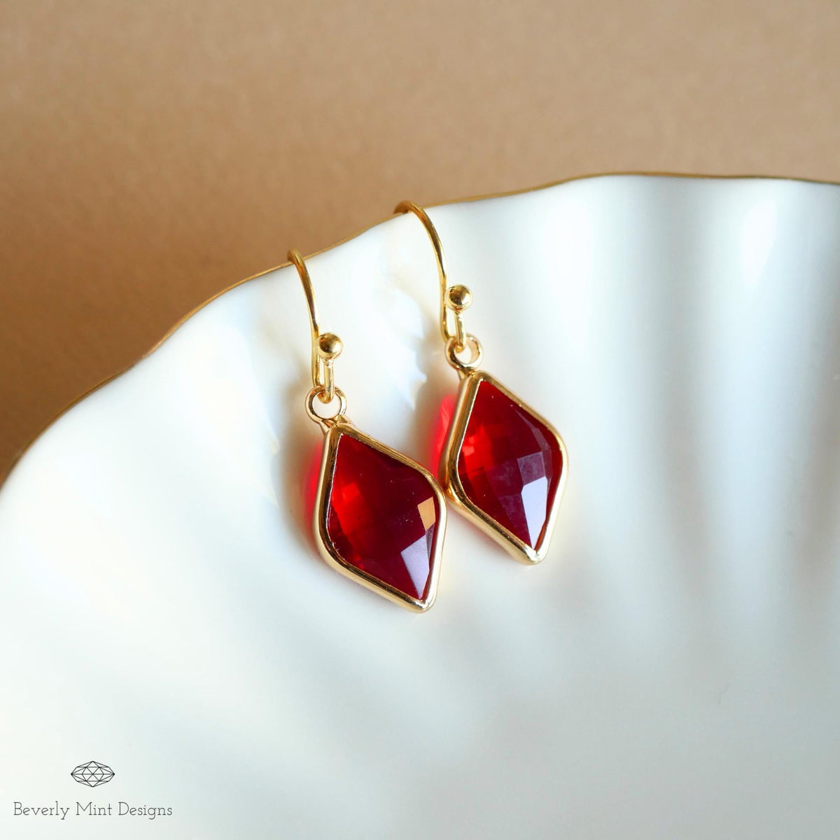 Ruby Red Earrings, Red Stone Drop Earrings, Red Diamond Shaped Earrings, Elegant Faceted Dangle Earrings, Sensitive Ear & Clip-On Options