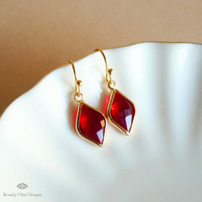 Ruby Red Earrings, Red Stone Drop Earrings, Red Diamond Shaped Earrings, Elegant Faceted Dangle Earrings, Sensitive Ear & Clip-On Options