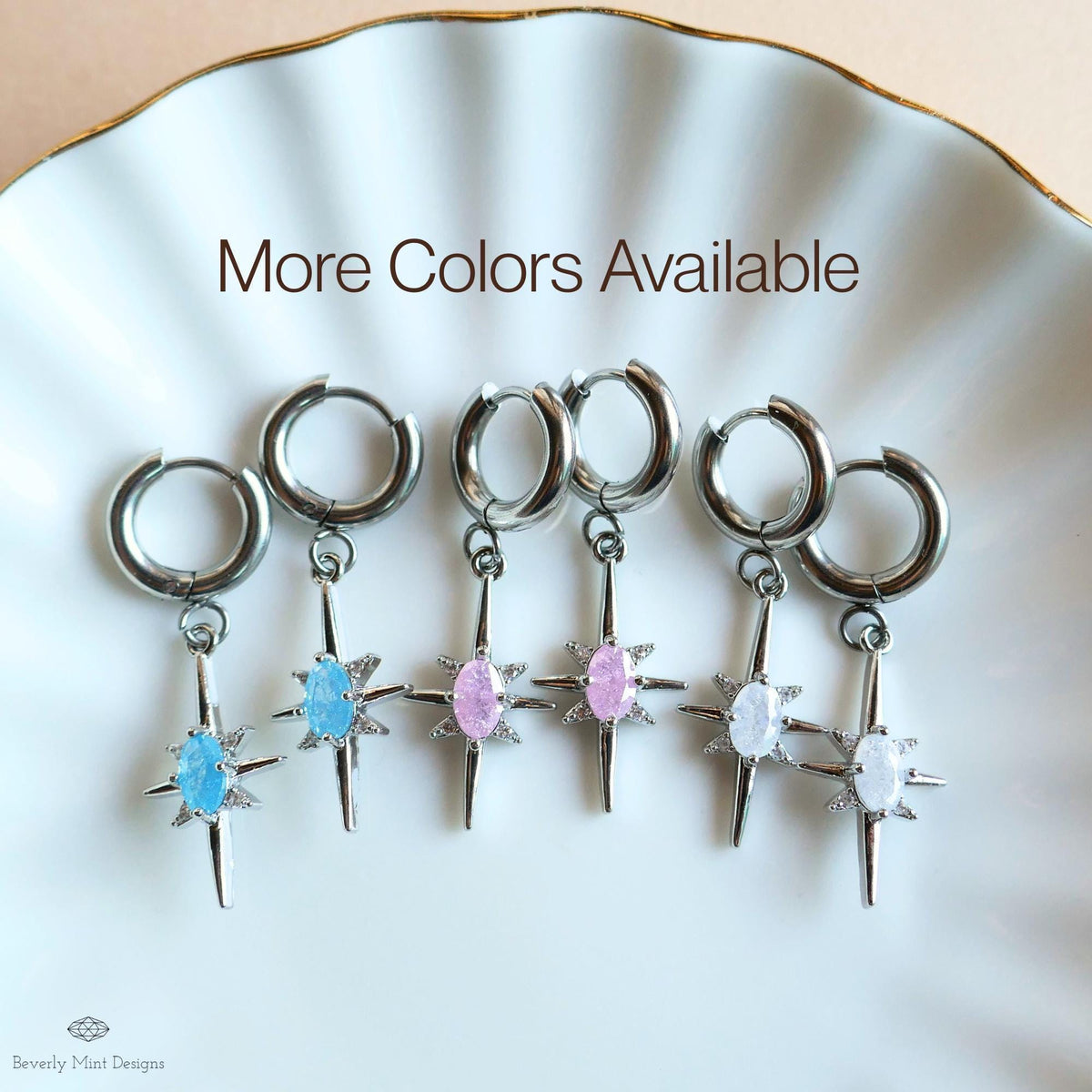 Pink Stone Starburst Small Hoop Earrings, Celestial Drop Earrings,  Silver Star Earrings, , Space Inspired Earrings