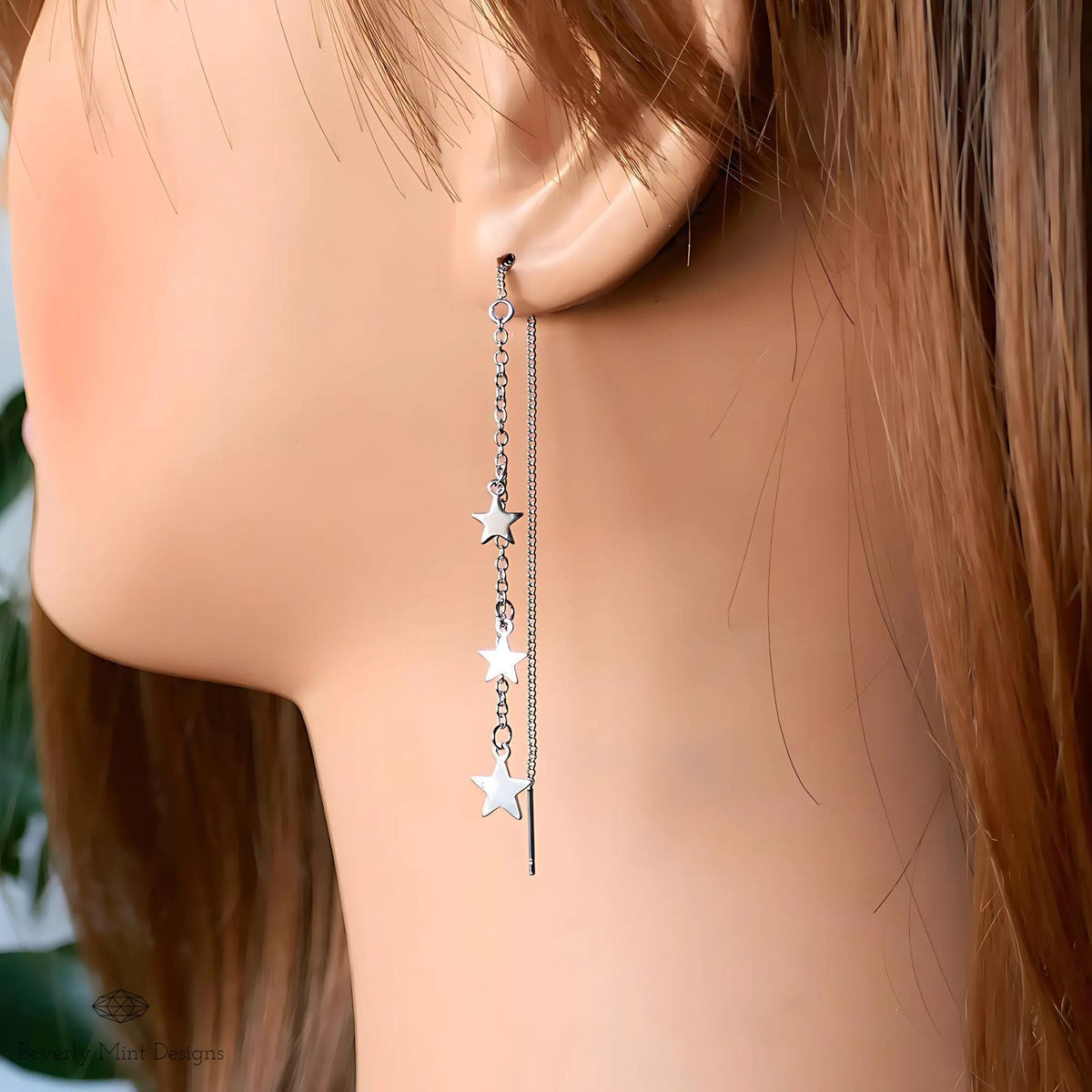Silver Star Dangle Earrings, Celestial Dangle Earrings, Earrings, Threader earrings, Sensitive Ear & Clip-On Options