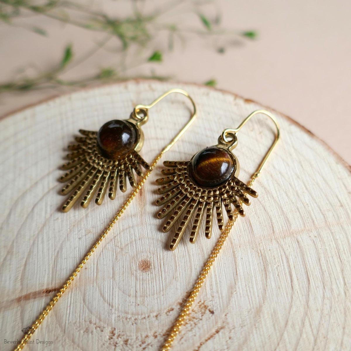 Tiger Eye Sunburst Threader Earrings, Gold Long Chain Drop Jewelry, Sensitive Ear & Clip-On Options