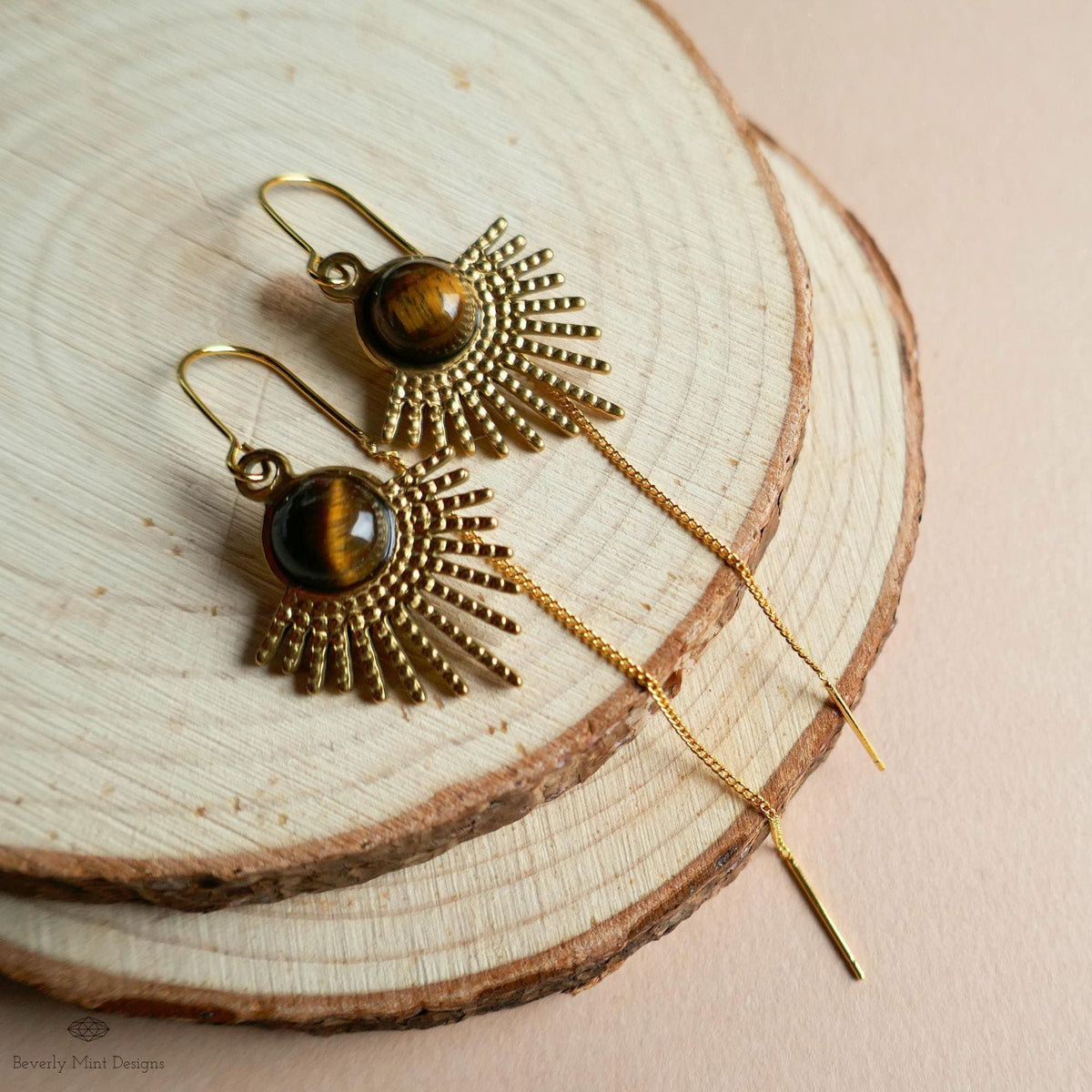 Tiger Eye Sunburst Threader Earrings, Gold Long Chain Drop Jewelry, Sensitive Ear & Clip-On Options