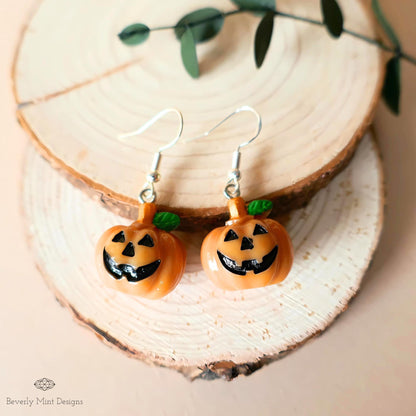 Halloween Pumpkin Earrings, Cute Jack-o and #39;-Lantern Dangle Earrings, Spooky Fall Jewelry, Sensitive Ear & Clip-On Options