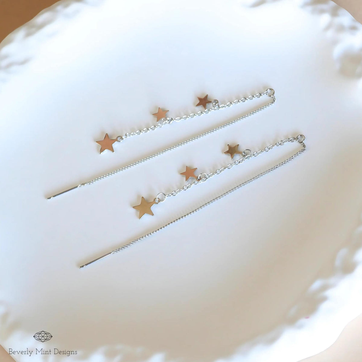 Silver Star Dangle Earrings, Celestial Dangle Earrings, Earrings, Threader earrings, Sensitive Ear & Clip-On Options