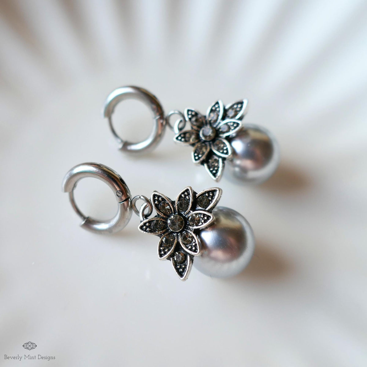 Silver Pearl Earrings, Vintage Floral Earrings, Statement Drop Earrings, Antique Style Jewelry, Elegant Handmade Earrings