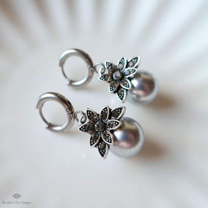 Silver Pearl Earrings, Vintage Floral Earrings, Statement Drop Earrings, Antique Style Jewelry, Elegant Handmade Earrings