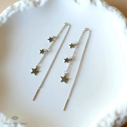 Silver Star Dangle Earrings, Celestial Dangle Earrings, Earrings, Threader earrings, Sensitive Ear & Clip-On Options