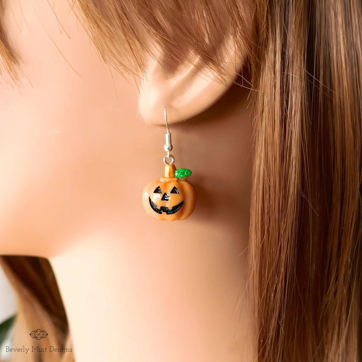 Halloween Pumpkin Earrings, Cute Jack-o and #39;-Lantern Dangle Earrings, Spooky Fall Jewelry, Sensitive Ear & Clip-On Options