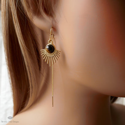 Tiger Eye Sunburst Threader Earrings, Gold Long Chain Drop Jewelry, Sensitive Ear & Clip-On Options