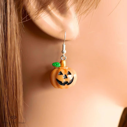 Halloween Pumpkin Earrings, Cute Jack-o and #39;-Lantern Dangle Earrings, Spooky Fall Jewelry, Sensitive Ear & Clip-On Options
