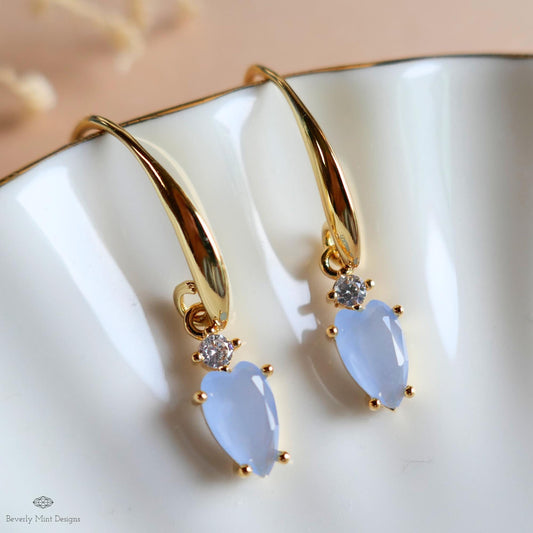 Light Blue Stone Earrings, Heart Earrings, Gold Dangle Earrings, Minimalist Jewelry, Dainty Gold Earrings, Sensitive Ear & Clip-On Options