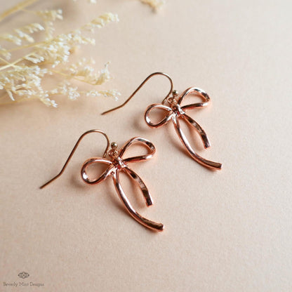 Rose Gold Bow Earrings, Dainty Ribbon Drop Earrings, Feminine Girly Jewelry, Lightweight Metal Bow Earrings