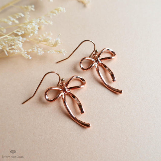 Rose Gold Bow Earrings, Dainty Ribbon Drop Earrings, Feminine Girly Jewelry, Lightweight Metal Bow Earrings