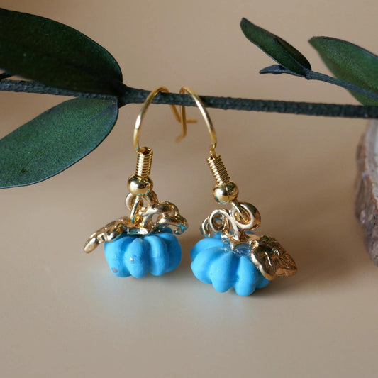 Halloween Pumpkin Earrings, Tiny Cute Blue Pumpkin Dangle Earrings, Fall Jewelry, Fun Halloween Accessories, Sensitive Ear & Clip-On Options