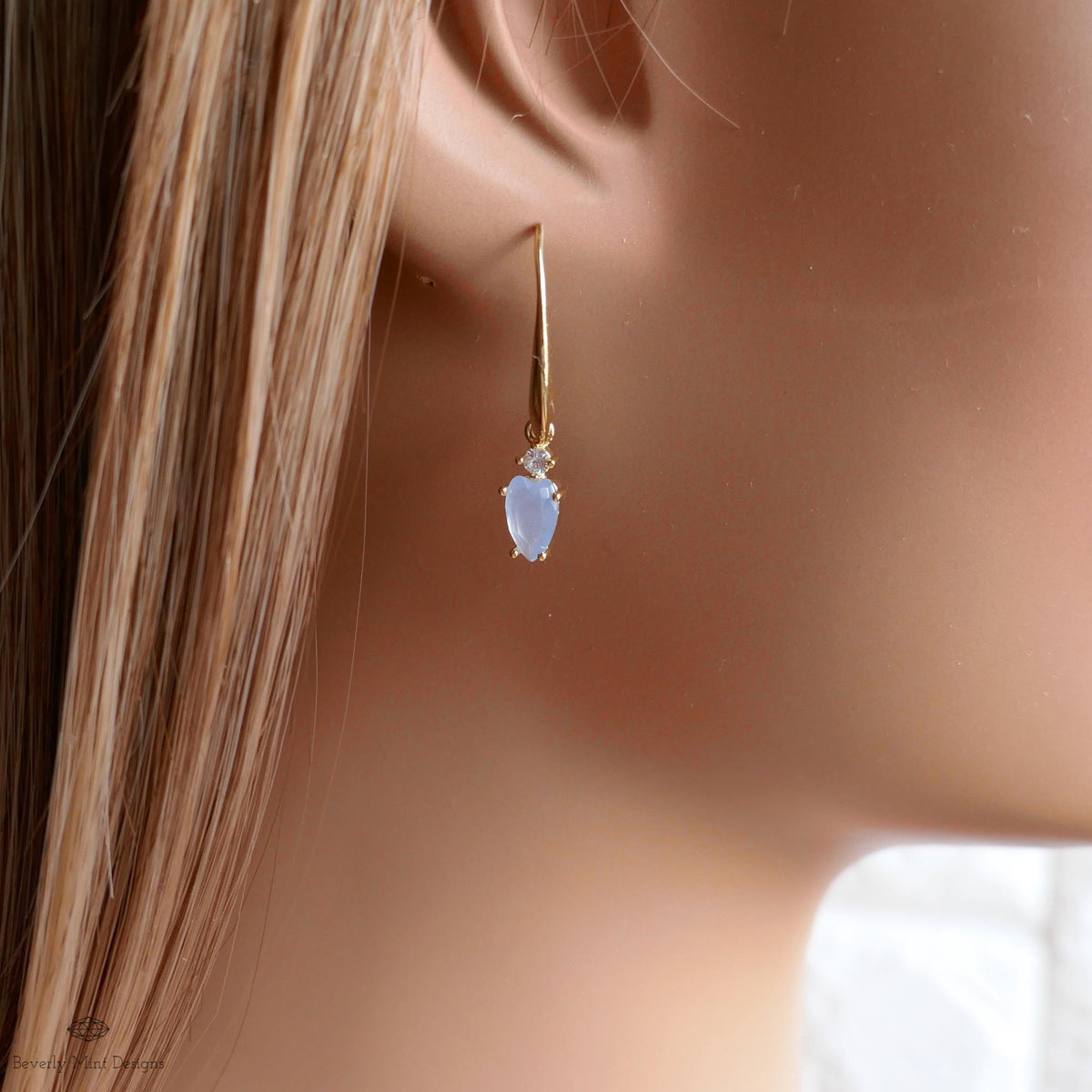 Light Blue Stone Earrings, Heart Earrings, Gold Dangle Earrings, Minimalist Jewelry, Dainty Gold Earrings, Sensitive Ear & Clip-On Options