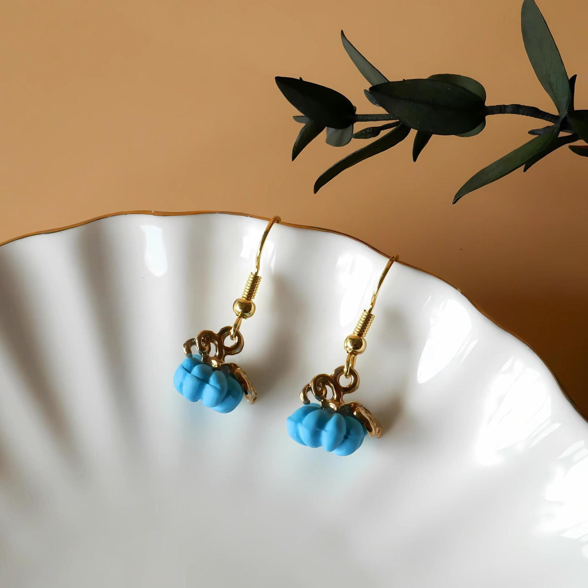 Halloween Pumpkin Earrings, Tiny Cute Blue Pumpkin Dangle Earrings, Fall Jewelry, Fun Halloween Accessories, Sensitive Ear & Clip-On Options