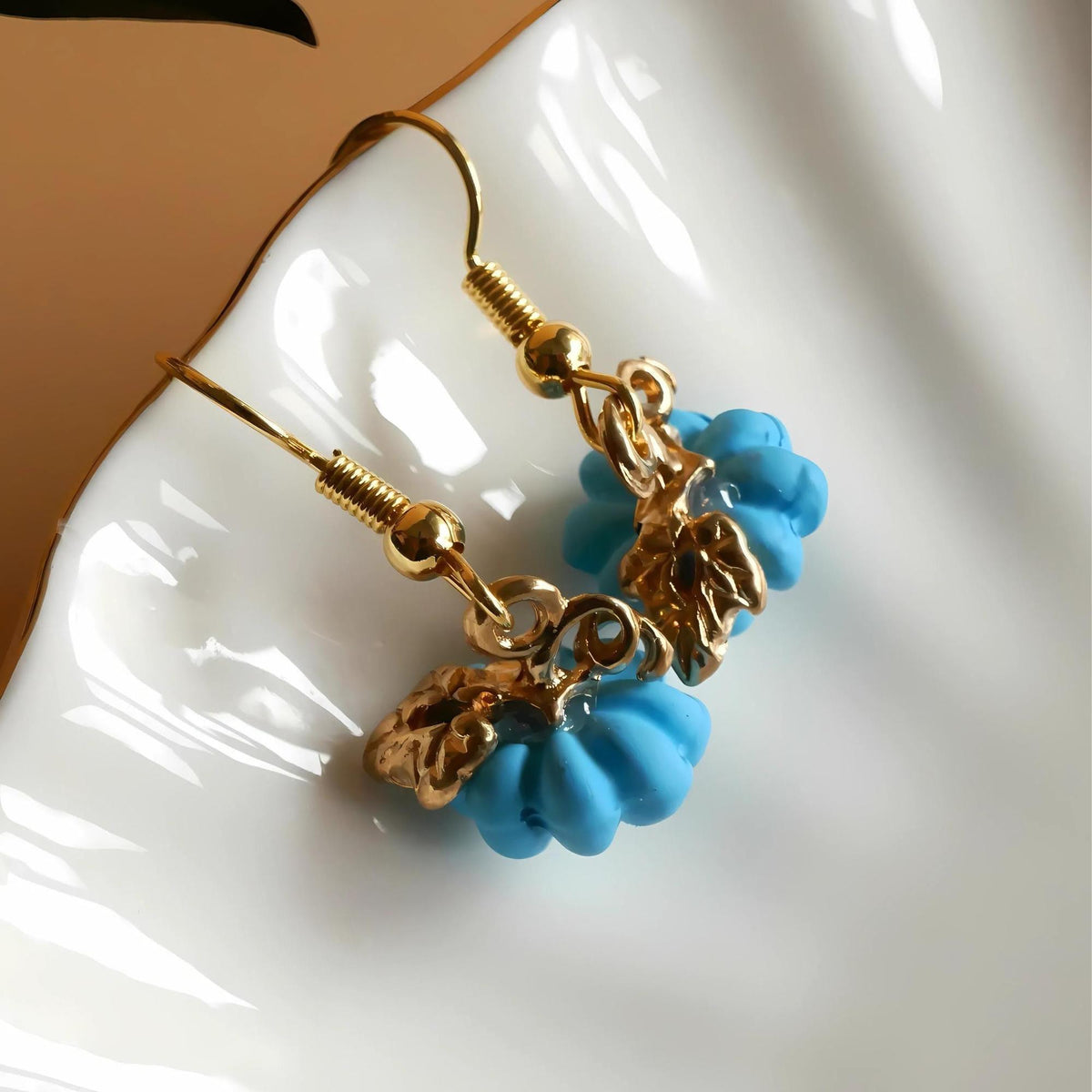 Halloween Pumpkin Earrings, Tiny Cute Blue Pumpkin Dangle Earrings, Fall Jewelry, Fun Halloween Accessories, Sensitive Ear & Clip-On Options