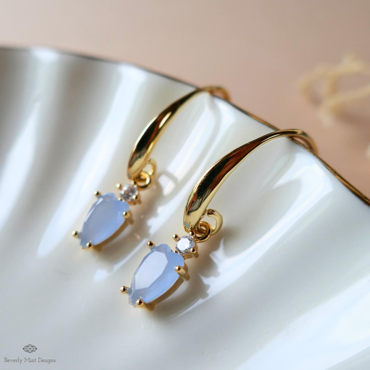 Light Blue Stone Earrings, Heart Earrings, Gold Dangle Earrings, Minimalist Jewelry, Dainty Gold Earrings, Sensitive Ear & Clip-On Options
