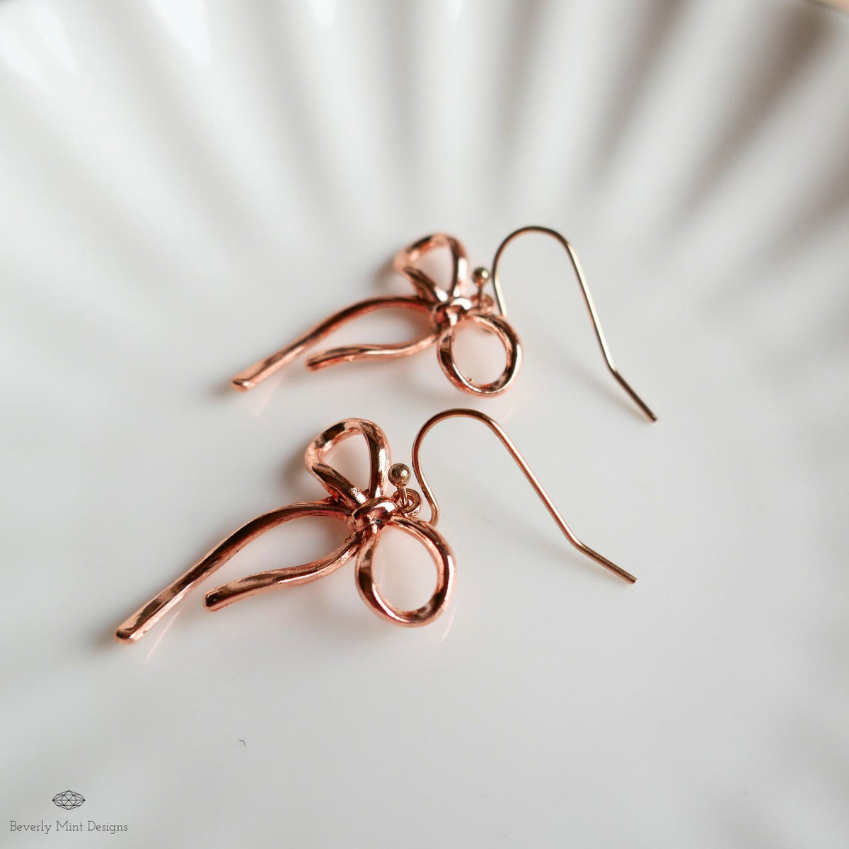 Rose Gold Bow Earrings, Dainty Ribbon Drop Earrings, Feminine Girly Jewelry, Lightweight Metal Bow Earrings