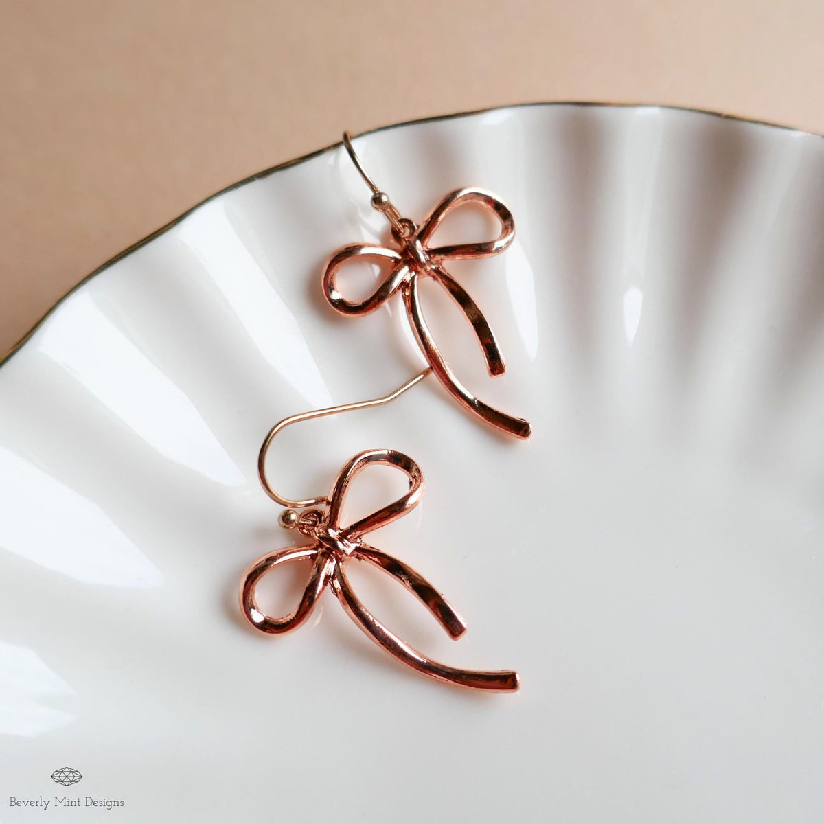 Rose Gold Bow Earrings, Dainty Ribbon Drop Earrings, Feminine Girly Jewelry, Lightweight Metal Bow Earrings