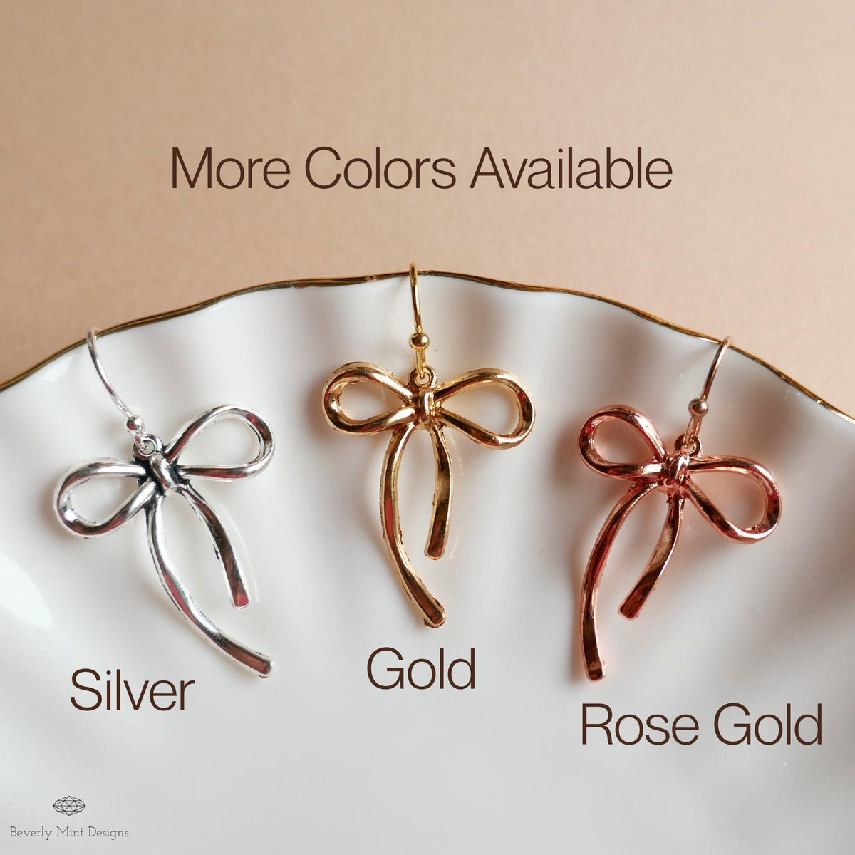 Rose Gold Bow Earrings, Dainty Ribbon Drop Earrings, Feminine Girly Jewelry, Lightweight Metal Bow Earrings
