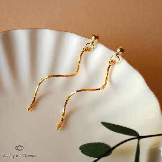 18K Gold Plated Wavy Drop Earrings, Minimalist Twirl Jewelry