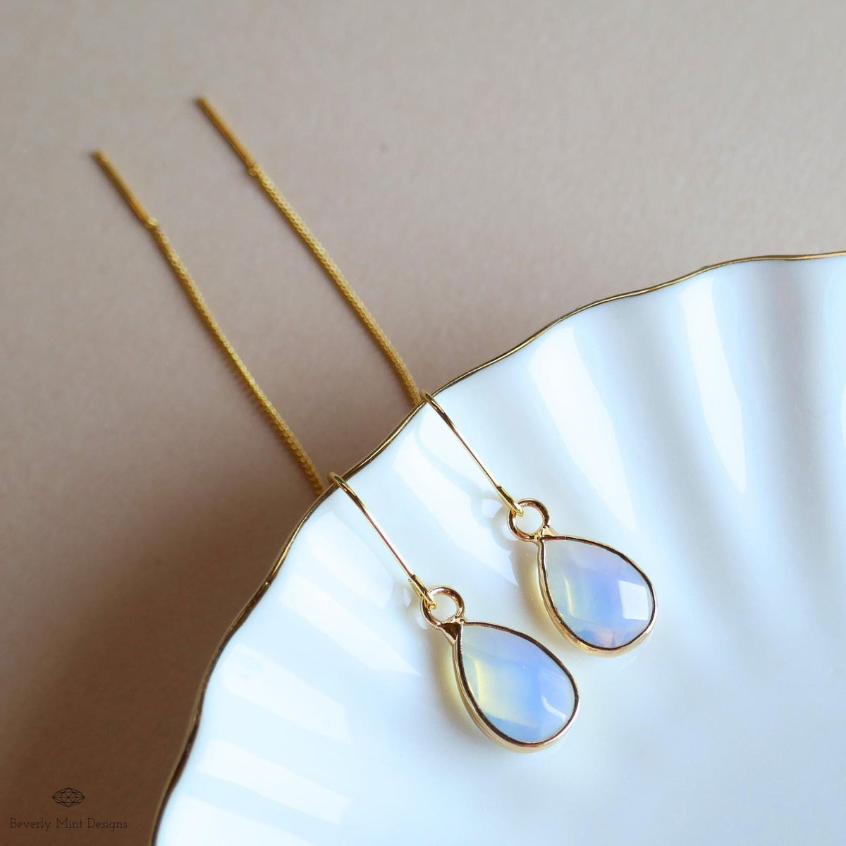 Teardrop opalite earrings, opalite dangle earrings, gold chunky huggie hoops, faceted drop earrings, Sensitive Ear & Clip-On Options