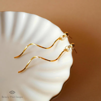 18K Gold Plated Wavy Drop Earrings, Minimalist Twirl Jewelry