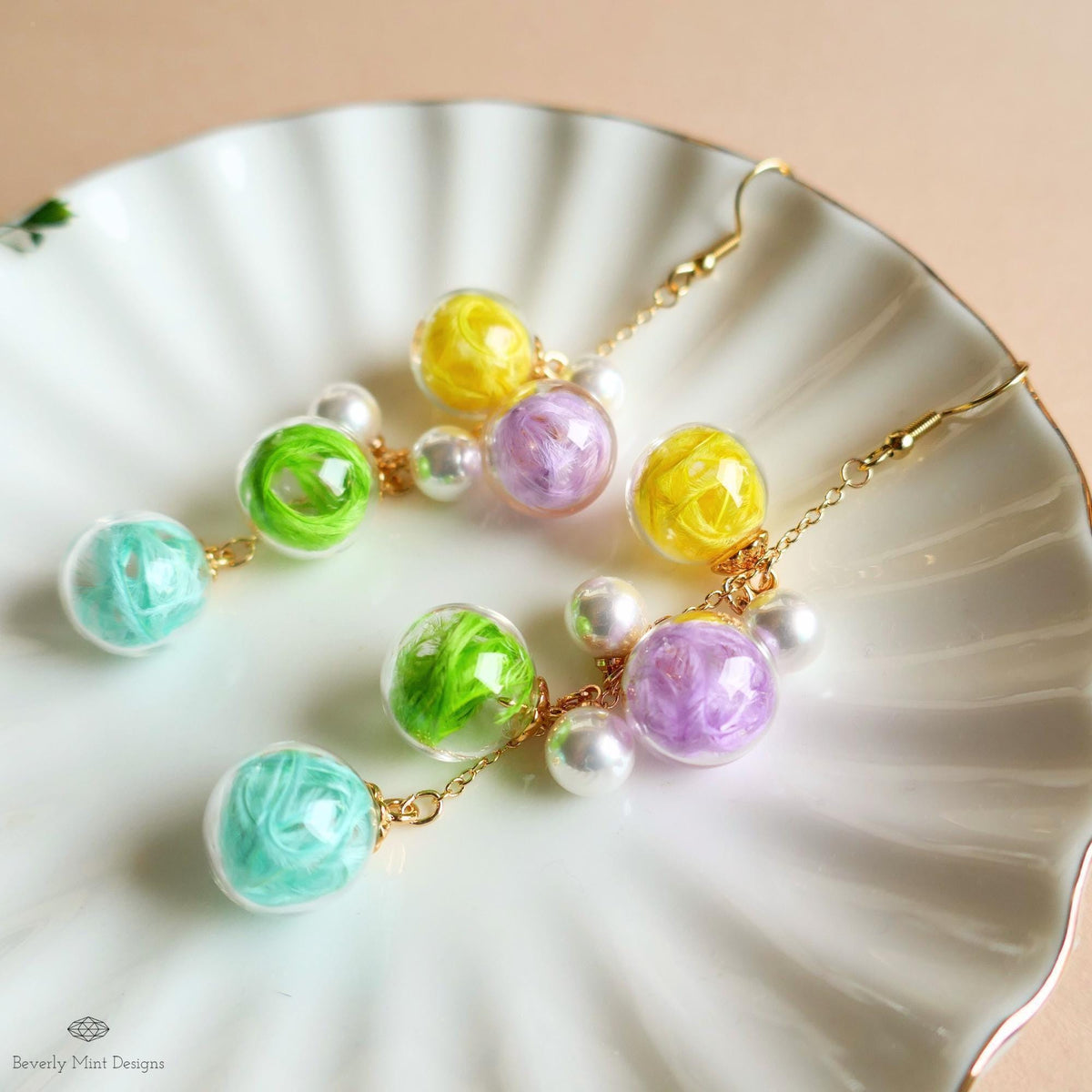 Bubble Earrings Dangle Glass Beaded Earrings with Pearls Gold Chain Lightweight Fairycore Bridal Jewelry, Sensitive Ear & Clip-On Options