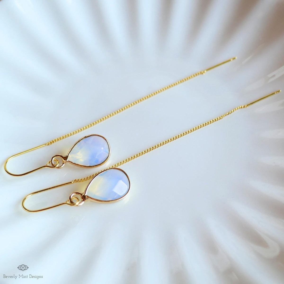 Teardrop opalite earrings, opalite dangle earrings, gold chunky huggie hoops, faceted drop earrings, Sensitive Ear & Clip-On Options