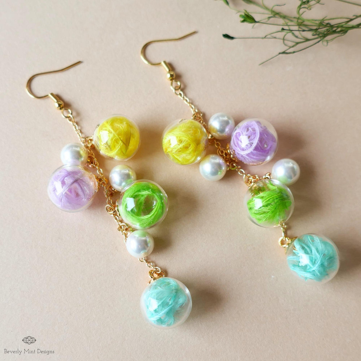Bubble Earrings Dangle Glass Beaded Earrings with Pearls Gold Chain Lightweight Fairycore Bridal Jewelry, Sensitive Ear & Clip-On Options