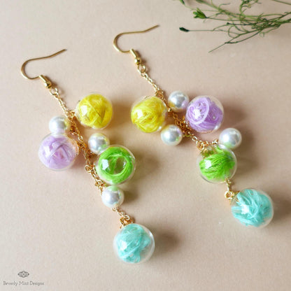 Bubble Earrings Dangle Glass Beaded Earrings with Pearls Gold Chain Lightweight Fairycore Bridal Jewelry, Sensitive Ear & Clip-On Options
