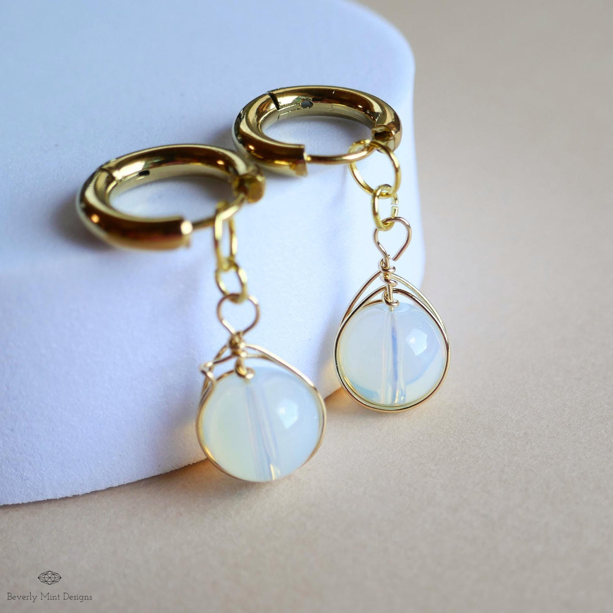 Moonstone drop earrings, wire wrapped dangle earrings, gold huggie earrings, boho minimalist jewelry, birthstone for June