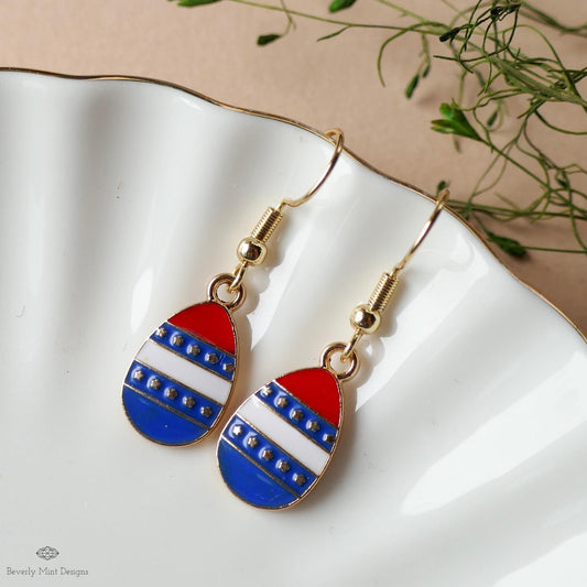 Teardrop Patriotic Earrings , Red White Blue Dangle Jewelry, USA 4th of July Earrings, Sensitive Ear & Clip-On Options