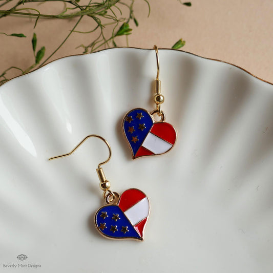 Patriotic Heart Earrings , Red White Blue American Flag Jewelry, USA 4th of July Dangle Earrings, Sensitive Ear & Clip-On Options