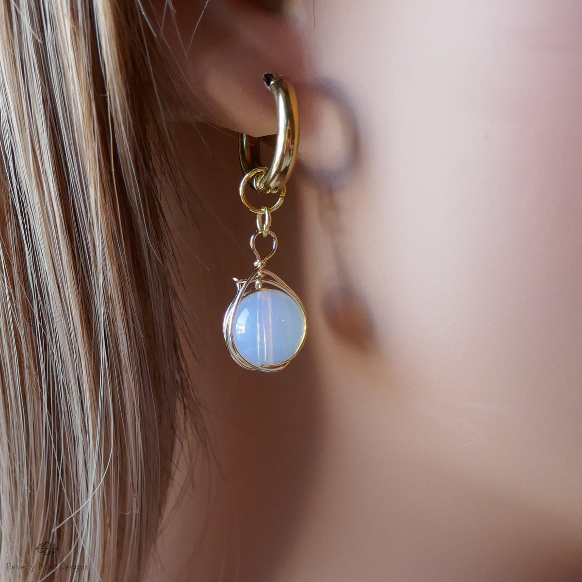 Moonstone drop earrings, wire wrapped dangle earrings, gold huggie earrings, boho minimalist jewelry, birthstone for June