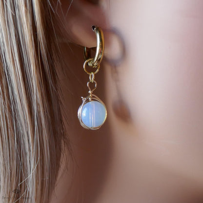 Moonstone drop earrings, wire wrapped dangle earrings, gold huggie earrings, boho minimalist jewelry, birthstone for June