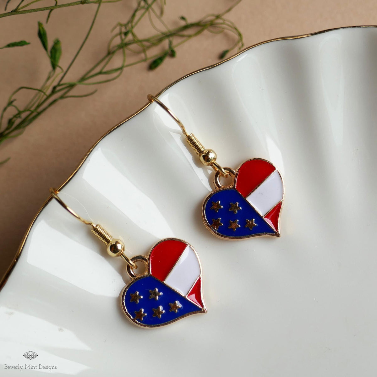 Patriotic Heart Earrings , Red White Blue American Flag Jewelry, USA 4th of July Dangle Earrings, Sensitive Ear & Clip-On Options