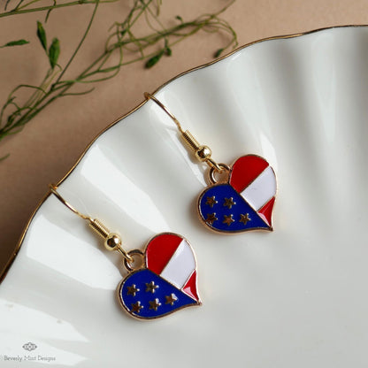 Patriotic Heart Earrings , Red White Blue American Flag Jewelry, USA 4th of July Dangle Earrings, Sensitive Ear & Clip-On Options