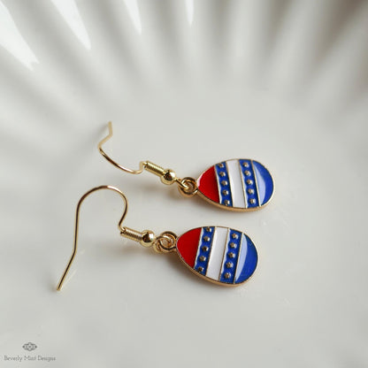 Teardrop Patriotic Earrings , Red White Blue Dangle Jewelry, USA 4th of July Earrings, Sensitive Ear & Clip-On Options